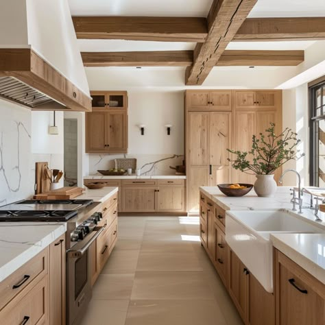 Modern Natural Wood Kitchen Cabinets, Desert Theme Kitchen, Beechwood Kitchen Cabinets, Kitchen Design Concrete Floor, Oak And Beige Kitchen, Blonde Kitchen Cabinets, Three Tone Kitchen Cabinets, Light Brown Kitchen Cabinets, Organic Kitchen Design