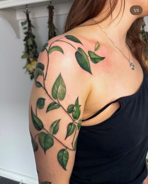 Pothos Tattoo, Michelle Tattoo, Upper Leg Tattoos, Shoulder Sleeve Tattoos, Earthy Tattoos, Garden Tattoos, Vine Tattoos, Plant Tattoo, Jesus Love