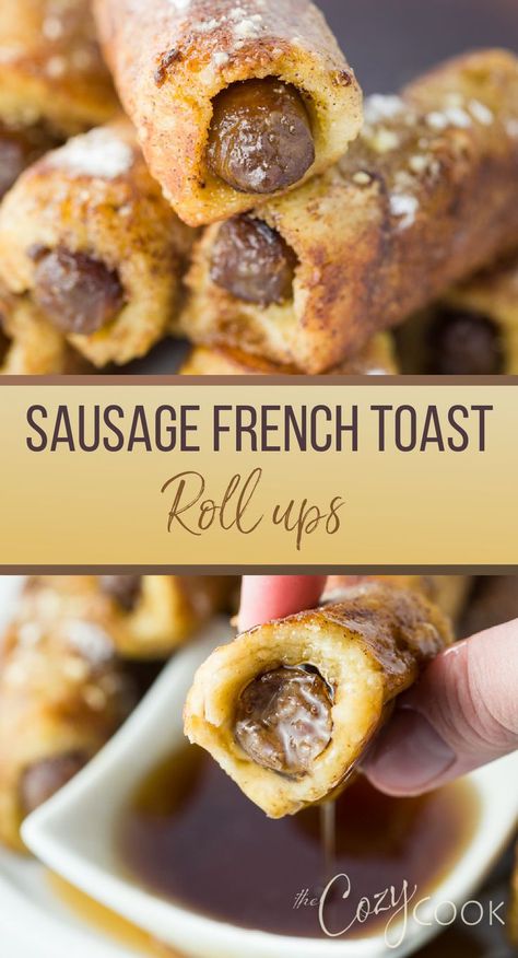 Sausage French Toast Roll Ups dipped in maple syrup French Toast Wrapped Sausage, Pancake Sausage Roll Ups, Sausage Wrapped In Pancake, Pancake Wrapped Sausage, Sausage Wraps, Breakfast Entrees, Lazy Breakfast, Toast Roll Ups, Breakfast Roll