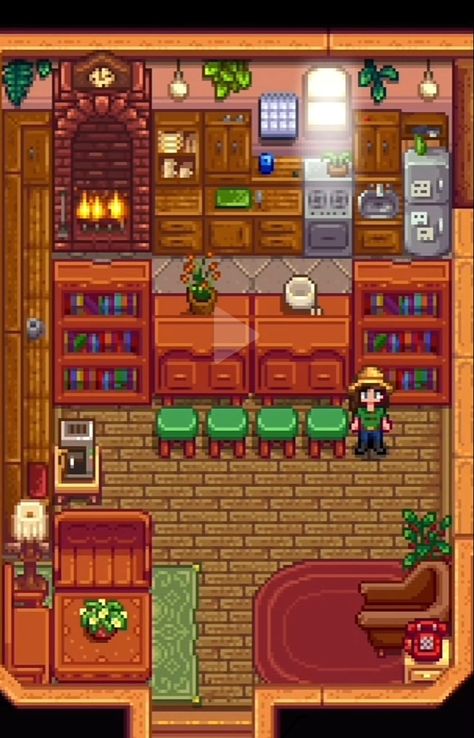 Stardew Kitchen Ideas, Stardew Valley Southern Room Design, Stardew Valley Kitchen Design No Mods, Room Ideas Stardew Valley, Stardew Decoration Ideas, Stardew Valley House Interior Simple, Stardew Valley Room Decor, Stardew Valley Kitchen Ideas, Stardew Farm Decoration