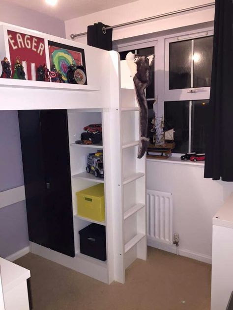 Tiny box room, ikea stuva loft bed. Making the most of small bedroom space. Great under bed storage. #ikea #boys #bedroom Room Bunk Bed Ideas, Ikea Stuva Loft Bed, Room Bunk Bed, Stuva Loft Bed, Ikea Small Bedroom, Kids Bedroom Space, Box Room Bedroom Ideas, Ikea Bunk Bed, Bunk Bed Ideas