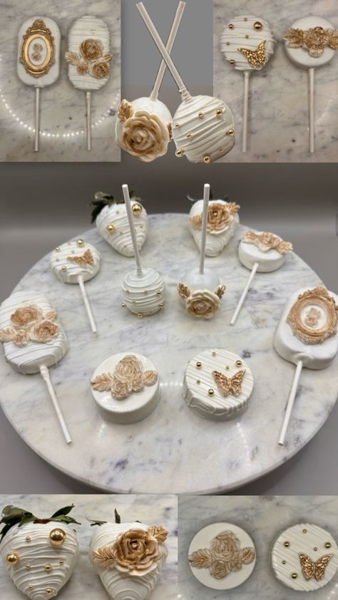 #chocolatecoveredoreos #chocolatecoveredstrawberries #cakepops #cakesicles #white #gold #chocolate #roses #butterflies #sprinkles Elegant Cake Pops, Chocolate Covered Desserts, Wedding Treats, Chocolate Covered Treats, Gold Cake, Fall Cakes, Champagne Wedding, Elegant Cakes, Quince