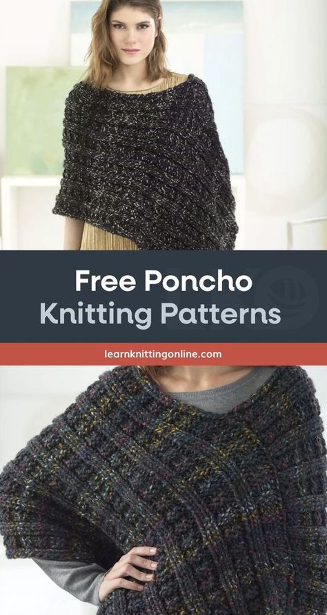 Make these three easy poncho knitting patterns, perfect for completing your effortless yet stylish daily fall outfits. These chic everyday knitwear are ideal knitting projects for beginner knitters and makes for a thoughtful handmade present to a lady near and dear. | More free knitting patterns and tutorials at learnknittingonline.com #knittingpatternsforbeginners #handmadegifts #fallknittingpatterns #easyknittingprojects Knit Poncho Free Pattern, Poncho Knitting Patterns Women, Free Poncho Patterns, Knitted Poncho Patterns Free Easy, Knitting Ideas Easy, Free Knit Poncho Pattern, Poncho Knitting Patterns Free, Knitted Poncho Patterns Free, Knit Poncho Pattern