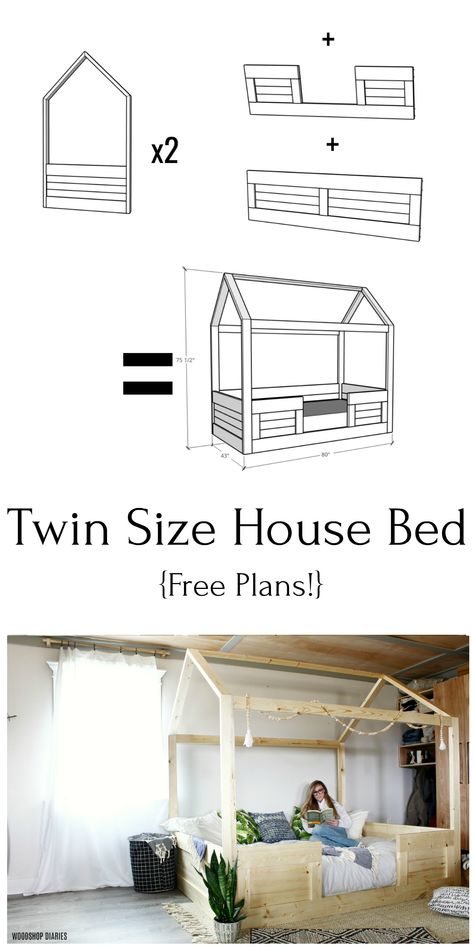 FREE PLANS to build this adorable twin size house bed from construction lumber and easy beginner joinery.  It's built in sections to make this DIY bed frame easy to assemble and disassemble to move when needed.  Perfect for a kid's room, but if you're looking for your own hang out spot, this plan is easily modified for any bed size.  And the roof boards would be great for hanging banners, fabric, etc.  Kid's furniture just got more fun! Diy House Frame Floor Bed, Montesorri Bed Plans, Twin Size Floor Bed Plans, Montessori House Bed Diy, Twin Bed Frame Diy Kids, Twin Montessori Bed Plans, Diy Montessori Bed Twin, Twin House Bed Frame Diy Plans Free, Diy Twin Bed Frame For Toddler