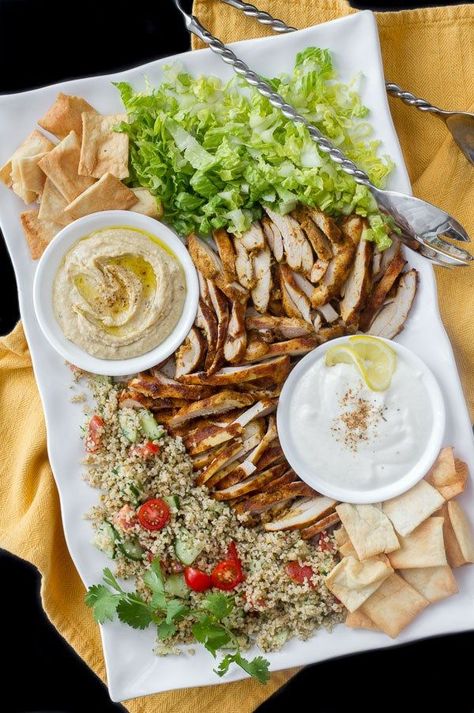 Chicken Shawarma salad platter with tabbouleh, hummus, garlic sauce Arabic Meals, Shawarma Hummus, Shawarma Platter, Shawarma Marinade, Garlic White Sauce, Chicken Shawarma Salad, Shawarma Salad, Salad Hummus, Shawarma Chicken