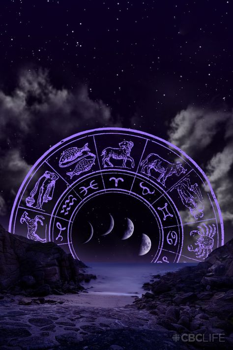 A collage of a purple-hued beach at night with a starry, cloudy sky above it. A bright purple wheel of zodiac signs sits in the middle, beyond the horizon. Four moon phases showing a crescent moon to a half moon are in the middle of the wheel. Horoscope Signs Scorpio, Horoscope Signs Virgo, Horoscope Signs Compatibility, Astrology Signs Scorpio, Horoscope Signs Dates, Venus In Pisces, Astrology Signs Aries, Aries Astrology, Astrology Pisces