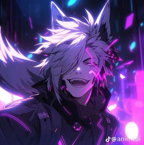 Werewolf Ai, a male with white hair and low pink eyes, has a colorful street background. Wearing a dark-grayish hoodie well smiling at the viewer. Male With White Hair, Anime Goth Boy, Street Background, Anime Goth, Sf Art, Anime Demon Boy, Werewolf Art, Spotify Apple, Anime Artwork Wallpaper