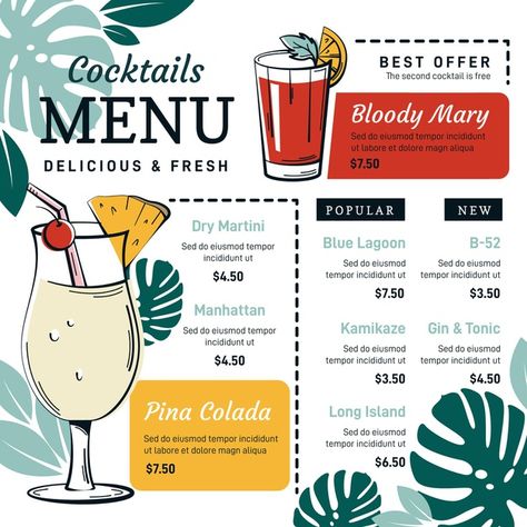 Colourful cocktail menu with illustratio... | Free Vector #Freepik #freevector Pool Menu, Caratulas Ideas, Cocktail Restaurant, Ideas For Restaurant, Mojito Bar, Watercolour Food, Juice Menu, Organic Smoothies, Menu Design Inspiration