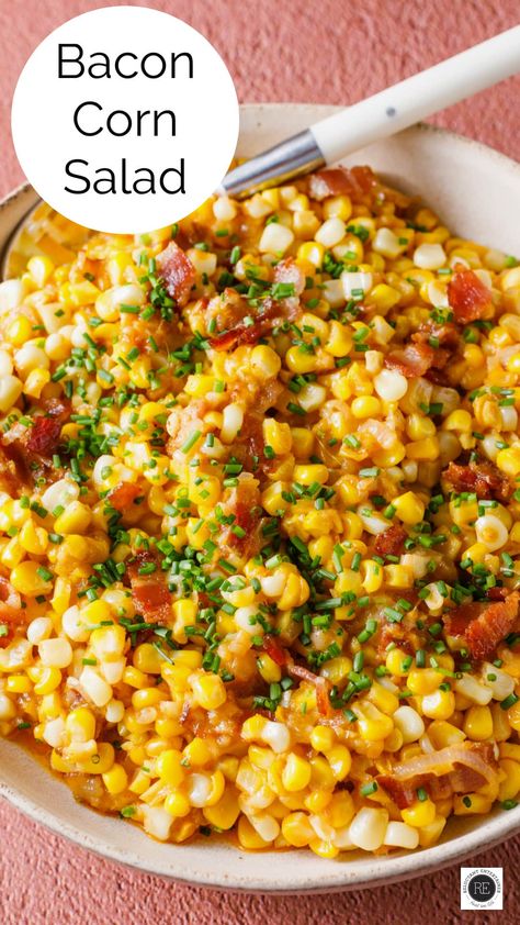 Bacon Corn Salad is served warm as a side dish or appetizer with chips. It’s loaded with sweet corn, crisp and salty bacon, and shallots. Bacon Corn Salad, Bacon Corn, Corn Side Dish, Corn Dishes, Corn Salad Recipes, Bacon Salad, Lake Food Ideas Summer, Food Ideas Summer, Summer Corn Salad