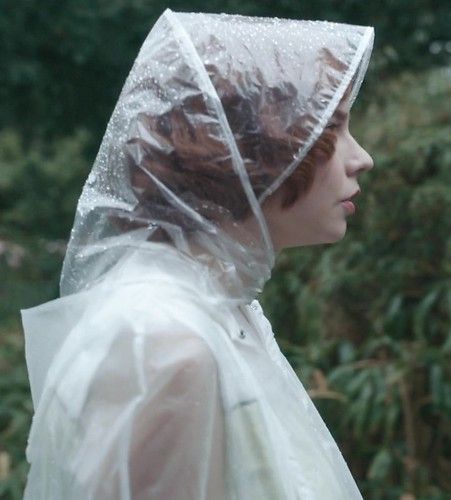 Queen's Gambit Aesthetic, Rain Bonnet, Beth Harmon, Queens Gambit, Rain Wedding, Plastic Mac, Rainwear Fashion, Vinyl Raincoat, Plastic Raincoat