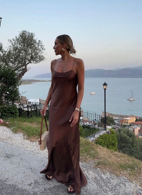 Silk Wedding Guest Dress, Satin Summer Dress, Brown Dresses Outfit, Brown Long Dress, Brown Satin Dress, Maxi Silk Dress, Brown Slip Dress, Brown Dresses Formal, Silk Dresses Outfit