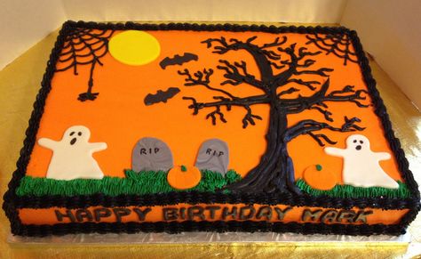 Halloween Birthday Sheet Cake Birthday Cakes Halloween, Halloween Sheet Cake, Birthday Sheet Cake, Halloween Cakes Easy, Halloween Cake Recipes, Pasteles Halloween, Postres Halloween, Halloween Birthday Cakes, Sheet Cake Designs