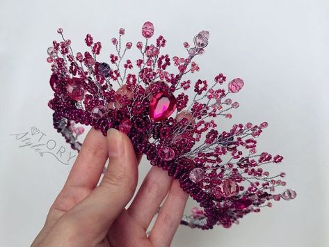 Dark Pink Princess Dress, Hot Pink Crown, Quince Crown, Fairies Aesthetic, Prom Crown, Pink Tiara, Heather Flower, Crystal Crowns, Quinceanera Crown