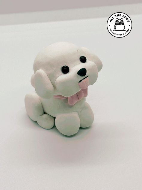 Handmade polymer clay sculpture of a cute little dog. This little clay sculpture depicts the beloved bichon frise breed. This one of a kind desk friend won't last long as it is the only one made. Adopt your little friend today and enjoy it as a collectible or keepsake. Air Dry Clay Dog Easy, Dog Sculpture Clay, Clay Dog Easy, Dog Clay Sculpture, Cute Sculptures, Dog Polymer Clay, Dog Clay, Clay Dogs, Polymer Clay Dog