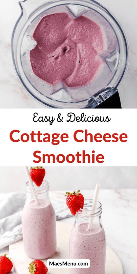 Get ready to blend up a creamy and nutritious treat with my Cottage Cheese Smoothie! High in protein, silky smooth, and bursting with fruity flavors this smoothie is an ideal way to kickstart your day. With its velvety smooth texture and perfect balance of sweetness, this protein-packed smoothie will keep you satisfied all morning! This delicious smoothie also makes a great snack and post-workout treat! #cottagecheesesmoothie #proteinsmoothies Fruit Smoothie Recipes Healthy Protein, Cottage Cheese Blended Recipes, Smoothies With Cottage Cheese Healthy, Peanut Butter Cottage Cheese Smoothie, Cottage Cheese Protein Shake, Protien Smoothies Recipes Fruit, Blended Cottage Cheese, Blended Cottage Cheese Recipes, Protien Smoothies Simple