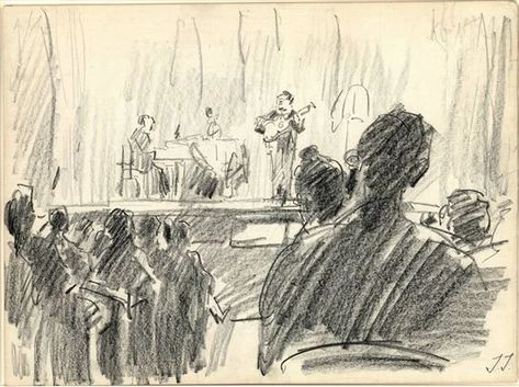 Concert Room with an Audience watching the performance by a Guitarist and Piano Player (Isaac Israels). Crowd Drawing, Courtroom Sketch, Black Crayon, Piano Art, Story Drawing, Architecture Design Sketch, Drawing Black, Piano Player, Walt Disney Studios