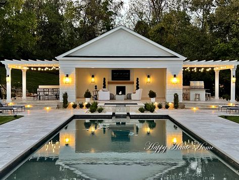 Pool House Open Air, Pool House With Screened In Porch, Unique Pool House Ideas, Pool House Covered Patio, Pool Cabana With Pergola, Backyard Pool House Cabanas, Black And White Pool House, Small Pool With Pool House, Pool House With Pergola