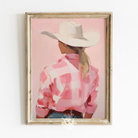 Cowgirl Canvas Painting, Coastal Cowgirl Canvas Painting, Pink Western Painting, Cowgirl Mural, Pink Western Wall Decor, Country Music Art, Aesthetic Dorm Room, Southern Aesthetic, Cowgirl Print