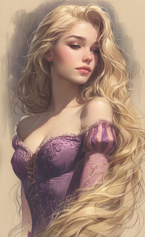 Blonde Hair Art Drawing, Gothic Rapunzel, Disney Princesses Fanart, Blonde Princess Art, Rapunzel Oc, Female Cartoon Characters Disney, Princess Art Drawing, Brunette Rapunzel, Gothic Disney Princesses