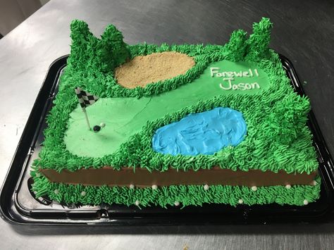 Golf course cake. #golfcoursecake Golf Sheet Cake, Golf Course Cake, Golf Themed Cakes, Golf Birthday Cakes, Pokemon Birthday Cake, Surprise 40th, Retirement Cake, Golf Cake, 8 Birthday