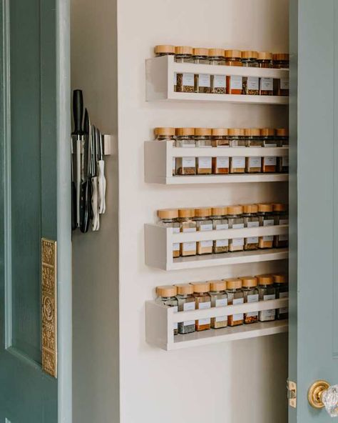 $50 DIY Spice Rack Using Children’s Wall Bookshelves | The Kitchn Spice Wall, Wall Spice Rack, Diy Spice Rack, Brooklyn Kitchen, Wood Spice Rack, Home Storage Ideas, Main Recipes, Wooden Spice Rack, Recipe Hacks