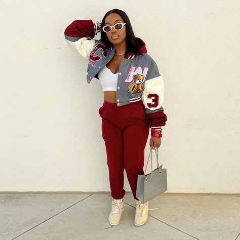 Sizes M & L Ships The Next Business Day Jacket And Bottoms Color Is Burgundy Minimal Chic Summer, Letterman Jacket Outfit, Fashion Inspo Outfits Summer, Fashion Inspo Outfits Minimal Chic, Fashion Inspo Winter, Creative Halloween Costume Ideas, Fashion Designer Aesthetics, Fashion Inspo Casual, Varsity Jacket Outfit