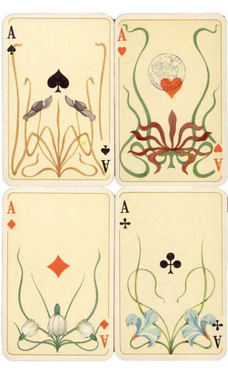 Art Nouveau Playing Cards, Vintage Playing Cards Aesthetic, Cards Deck Design, Vintage Deck Of Cards, Card Deck Painting, Illustrated Playing Cards, 1920 Illustration, 1920s Tattoo, Card Deck Art