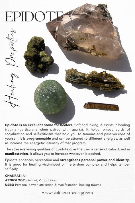 Epidote Crystal Meaning, Epidote Crystal, Minerals Crystals Stones, Crystal Healing Chart, Crystal Power, Crystals Healing Properties, Spiritual Crystals, Crystals Healing, Crystal Therapy