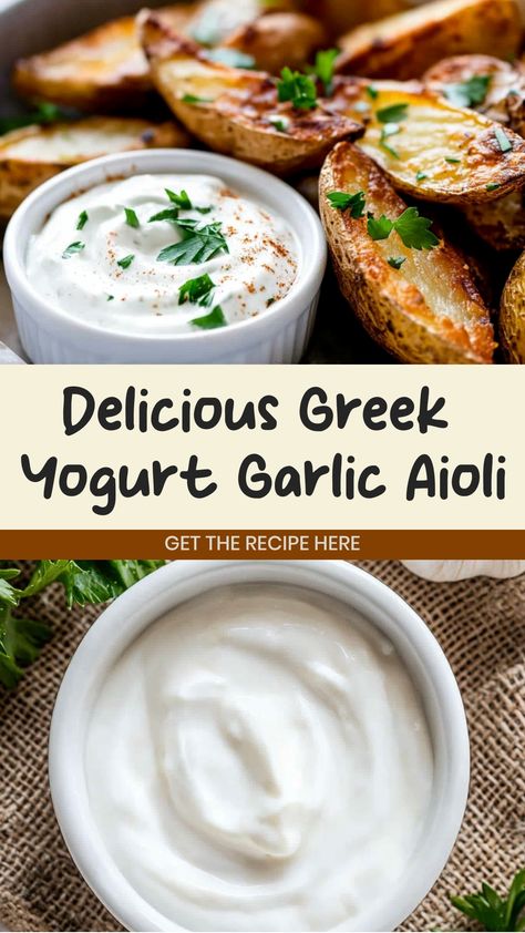 Whip up a delicious and creamy garlic aioli using tangy Greek yogurt as the star ingredient. This versatile dip is perfect for pairing with crispy fries, fresh veggies, or spreading on sandwiches for an added burst of flavor. Easy to make and packed with protein, this homemade garlic aioli will elevate your meals and leave your taste buds craving more. Ditch store-bought condiments and impress your family and friends with this simple yet impressive recipe that will take your dishes to the next l Healthy Aioli Recipe, Homemade Garlic Aioli, Best Greek Yogurt, Garlic Aioli Recipe, Greek Yogurt Sauce, Garlic Sauce Recipe, Crispy Fries, Aioli Recipe, Greek Yogurt Recipes