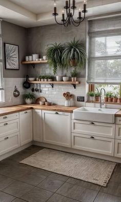 #kitchendecoration #kitchensofinstagram #kitchentrends #kitchendecor #kitchencabinets #kitchenrenovation #kitchenisland #quartzcountertops #kitchenremodel #kitchendesign Ikea Kitchen White And Wood, White Grey Wood Kitchen, Kitchen With Two Windows, White Kitchen Wooden Worktop, Wooden Top Kitchen, Dark Floors Kitchen, Unique Kitchen Backsplash, House Interior Decor Ideas, Kitchen Decor Inspiration