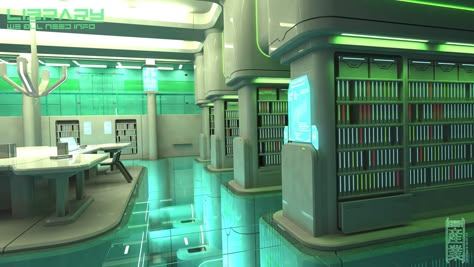 full_render_library_2_by_cementiet-d6i2j Sci Fi Library Concept Art, Sci Fi University, Sci Fi Library, Cyberpunk Library, Scifi Library, Sci Fi School, Sci Fi Office, Futuristic Library, Sci Fi Room