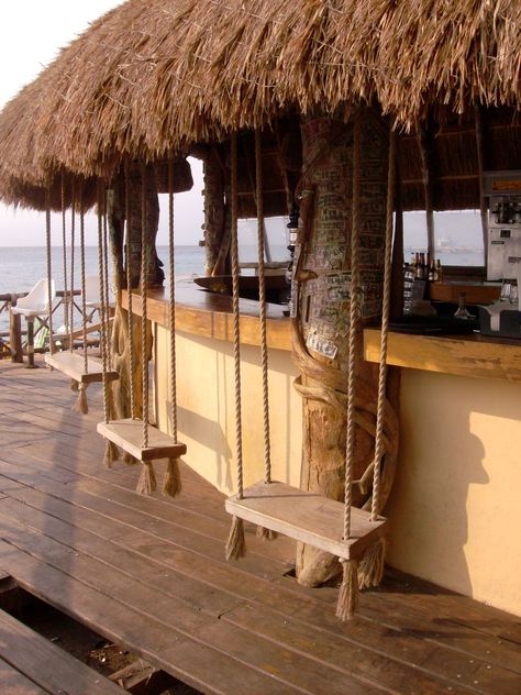 Swing Bar at the Margaritaville in Cozumel! Fun but be careful once you've had a few! Don't say I didn't warn you! Bar With Swings, Bar Swings, Surf Bar, Outdoor Bar Ideas, Tiki Bars, Backyard Bar, Beach Cafe, Tiki Hut, Patio Swing