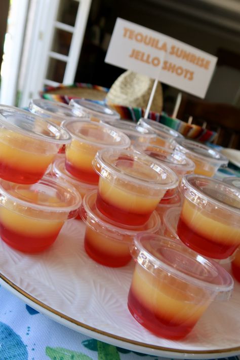 Tequila Sunrise Jello Shots Recipes, Mexican Tequila Party, Fiesta Jello Shots, Tequila Night Party, Bachelorette Party Tequila Sunrise, Tequila Sunrise Birthday Party, Taco Party Drinks, Shots Bar Ideas, Tequila And Tacos Party