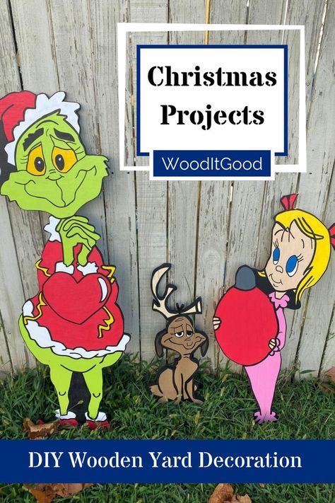 Wood Christmas Yard Ornaments, Grinch Wood Yard Art Patterns, Diy Wood Lawn Decorations, Christmas Wood Characters, Outdoor Wooden Decorations, Christmas Wood Cutouts Yard Art Cut Outs, Diy Grinch Wood Cutout, Diy Christmas Wood Projects Outdoor, Christmas Yard Stakes Diy