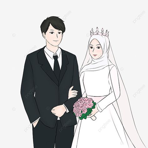 Gambar Wedding, Groom Cartoon, Bride And Groom Cartoon, Wedding Couple Cartoon, Wedding Dress Illustrations, Indonesian Wedding, Wedding Drawing, Wedding Muslim, Wreath Drawing