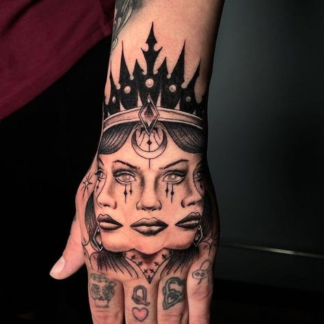 Hecate the goddess of magic and spells in Greek mythology, hand tattoo by Alex Ortiz, an artist based in Anaheim, California. Hecate Hand Tattoo, 3 Faced Goddess Tattoo, Goddess Of Chaos Tattoo, Greek Mythology Hand Tattoos, Mythology Hand Tattoo, Greek Goddesses Tattoo, Greek Goddess Sleeve, Goddess Hand Tattoo, Greek Goddess Tattoo Aphrodite