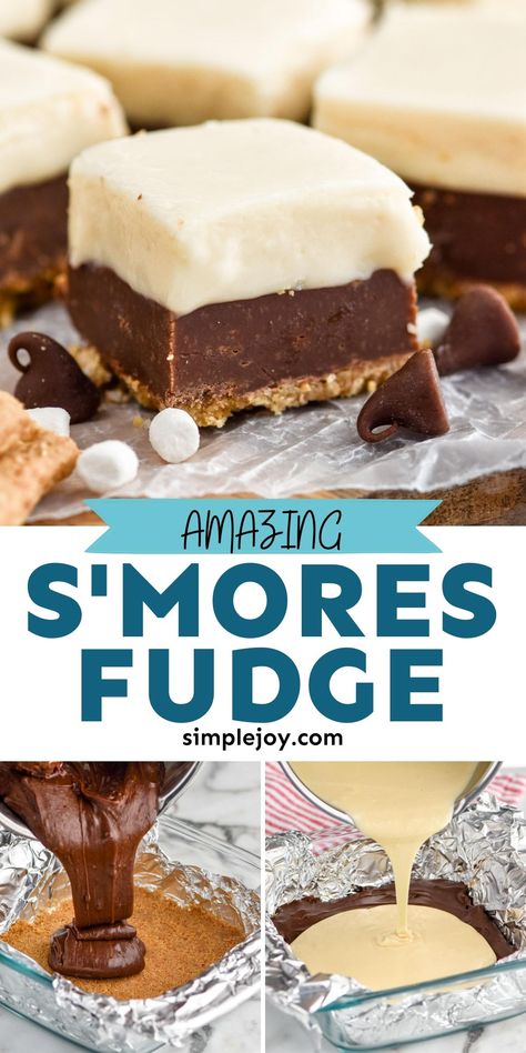 S'mores Fudge has everything you love about a gooey s'mores right out of the campfire in fudge form! With a graham cracker crust, a chocolate layer, and a gooey marshmallow topping, this will be your new favorite fudge recipe. Salted Fudge Recipe, Candy Fudge Recipes, S’mores Fudge Recipe, S’mores Fudge, Different Fudge Recipes, Smore Fudge, Gourmet Fudge Recipes, Fall Fudge Recipes, Best Fudge Recipes Ever