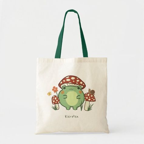 Cute Frog Design, Painted Tote Bag Aesthetic, Totebag Aesthetic Design, Painting Tote Bag Ideas, Tote Bag Design Ideas Aesthetic, Mushrooms Cartoon, Tote Bag Aesthetic Design, Cartoon Name, Money Photography