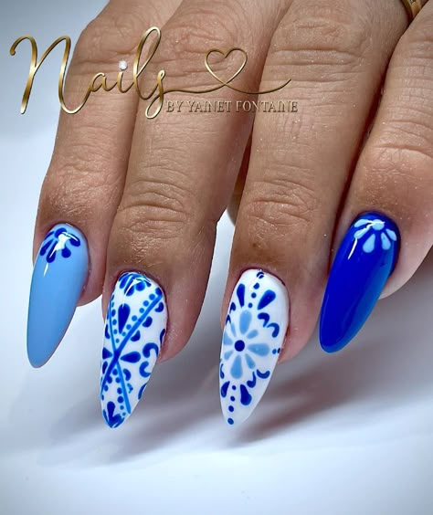 Blue And White Tequila Bottle Nails, Portuguese Nail Art, Portugal Nails Art Designs, Greek Tile Nails, Portuguese Nails, China Nails Design, Goa Nails, Amalfi Coast Nails, Cyprus Nails