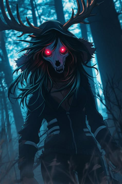 Wendigo Character Art, Scp Oc Art, Skull With Sharp Teeth, Female Wendigo Art, Wendigo Fanart, Female Wendigo, Wendigo Oc, Wendigo Art, Wolf Lady