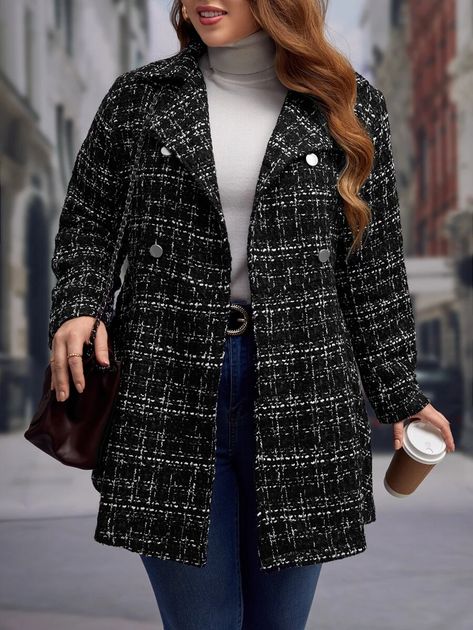 EMERY ROSE Plus Plaid Double Breasted Overcoat | SHEIN USA Double Breasted Overcoat, Cape Coat, Round Neck Sweaters, Summer Tops, Travel Outfit, Fleece Jacket, Double Breasted, Women's Blazer, Long Sleeve Tops