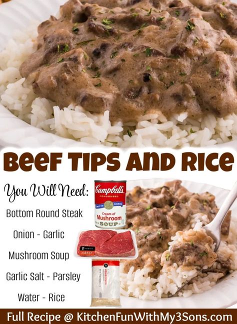 Sirloin Tip Side Steak Recipes, Beef Tip And Rice, Beef Ball Tip Steak Recipes, Bottom Round Steak Crockpot Recipes, Rice With Steak Recipes, Ground Round Steak Recipes, Steak N Rice Recipes, Beef Tips Stove Top Easy, Boneless Beef Top Round Steak Recipes