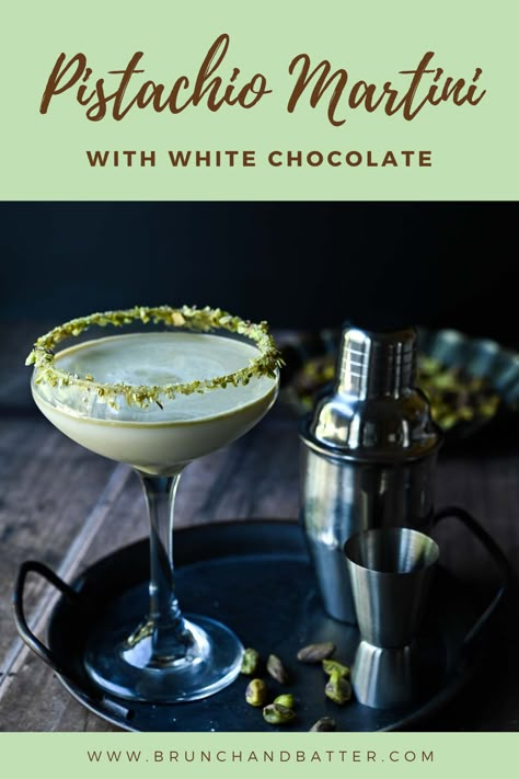 Update your classic cocktail with this decadent White Chocolate Pistachio Martini. Made with white chocolate liqueur, pistachio cream, amaretto, and vodka, it's nutty, chocolatey and oh-so-delicious. Elegant enough for the holidays or everyday toasting with friends and family! White Chocolate Liqueur Cocktails, Pistachio Martini Recipe With Amaretto, Pistachio Cocktail, Pistachio Martini Recipe, Pistachio Martini, Pistachio Muffins Recipe, Martini Flavors, White Chocolate Martini, Winter Beverages