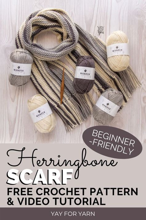 This free striped scarf crochet pattern uses a Herringbone stitch to create a woven look. Crochet your own scarf today with this FREE Crochet Pattern for Beginners + Video Tutorial. The Herringbone Scarf can be the perfect winter accessory for both men and women. #crochetscarf #freecrochetpattern #crochetpatterns #crochetscarfpattern #crochetforbeginners #easycrochetpatterns Crochet Herringbone Scarf, Crochet Scarf Men, Men Scarf Crochet Pattern, Crochet Stripe Scarf, Crochet Scarf Tutorial, Herringbone Scarf, Crochet Mens Scarf, Crocheted Shawls, Men Scarf