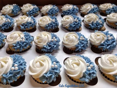 Dusty Blue Cupcakes for Wedding Shower Navy And Dusty Blue Cupcakes, Cupcakes Decoration Blue And White, Dusty Blue Bridal Shower Cake, White Bridal Shower Cupcakes, Blue Wedding Cupcakes Ideas, Blue White Cupcakes, Dusty Blue And Navy Bridal Shower Ideas, Dusty Blue Wedding Shower Ideas, Navy Blue Wedding Cupcakes