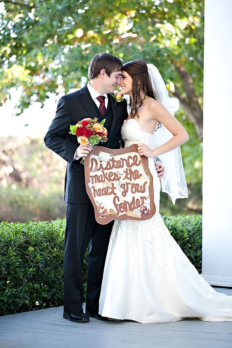 For couples who were ever long distance, DIY sign: I used cardboard, paint, scrapbook paper and leaves from trees in England that Charley mailed to me while he lived there. Fall Wedding Poses For Long Distance Relationship, Long Distance Relationship Wedding Theme, Long Distance Wedding Theme, Long Distance Wedding, Planning A Small Wedding, Last Minute Wedding, Royal Blue Wedding, Wedding Preparation, Pre Wedding Photos