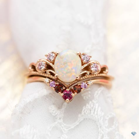 Ruby Sapphire Engagement Ring, Garnet Opal Engagement Ring, Engagement Ring Diamond And Ruby, Untraditional Engagement Rings Rose Gold, Pink Engagement Ring Set, Ruby Opal Ring, Wedding Ring Ruby And Diamond, Opal Garnet Ring, Flower Engagement Ring And Wedding Band