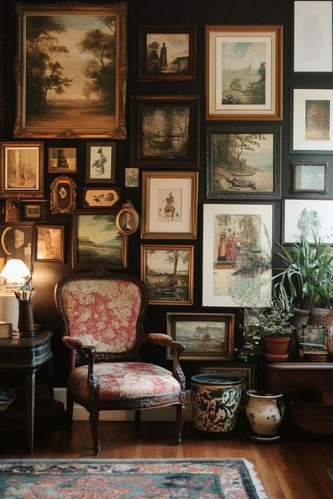 "Transform your walls with the timeless charm of a Vintage-Inspired Gallery Wall! 🖼️🕰️ Mix and match frames, art, and memorabilia for a personalized look. 🌿✨ #VintageWallArt #HomeDecor #GalleryInspiration" Wallpapered Gallery Wall, Maximalist Gallery Wall Stairs, Musician Gallery Wall, Bedroom With Art Wall, Stacked Photos On Wall, Massive Gallery Wall, Vintage Paintings On Wall, Modern And Vintage Gallery Wall, Spanish Gallery Wall