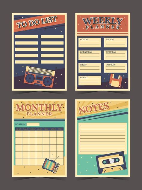 Journal Template Vintage Retro Style Retro Planner, Notes Planner, Journal Template, Vector Shapes, Monthly Planner, To Do List, Retro Style, Retro Fashion, Retro Vintage