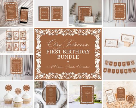 Clay Talavera First Birthday Bundle Printable Template, Spanish Tile Mexican First Fiesta, Terracotta Birthday Party Decor WP1019 First Fiesta, Earthy Terracotta, Intimate Gathering, Peach Party, Talavera Tile, Ipad 3, Party Bundles, Bottle Wrapping, Paper Banners